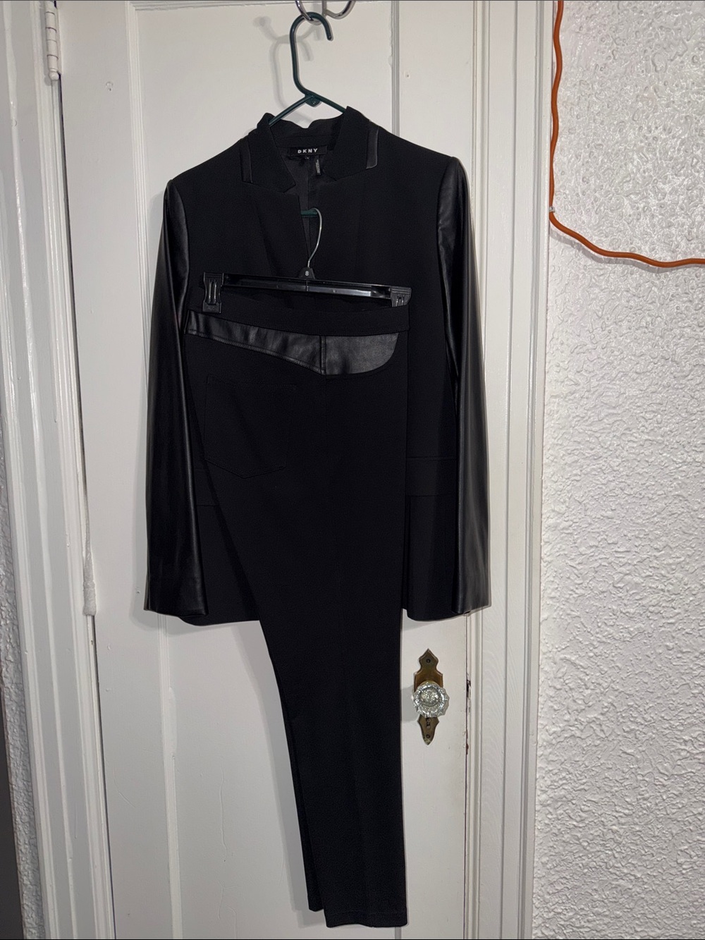 DKNY Black Blazer & Pants with Faux Leather